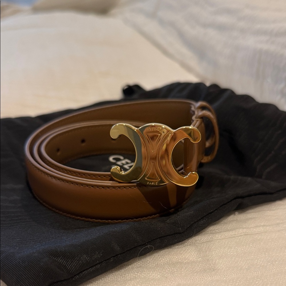 Celine “Bronze” Leather Belt with Gold Logo Buckle